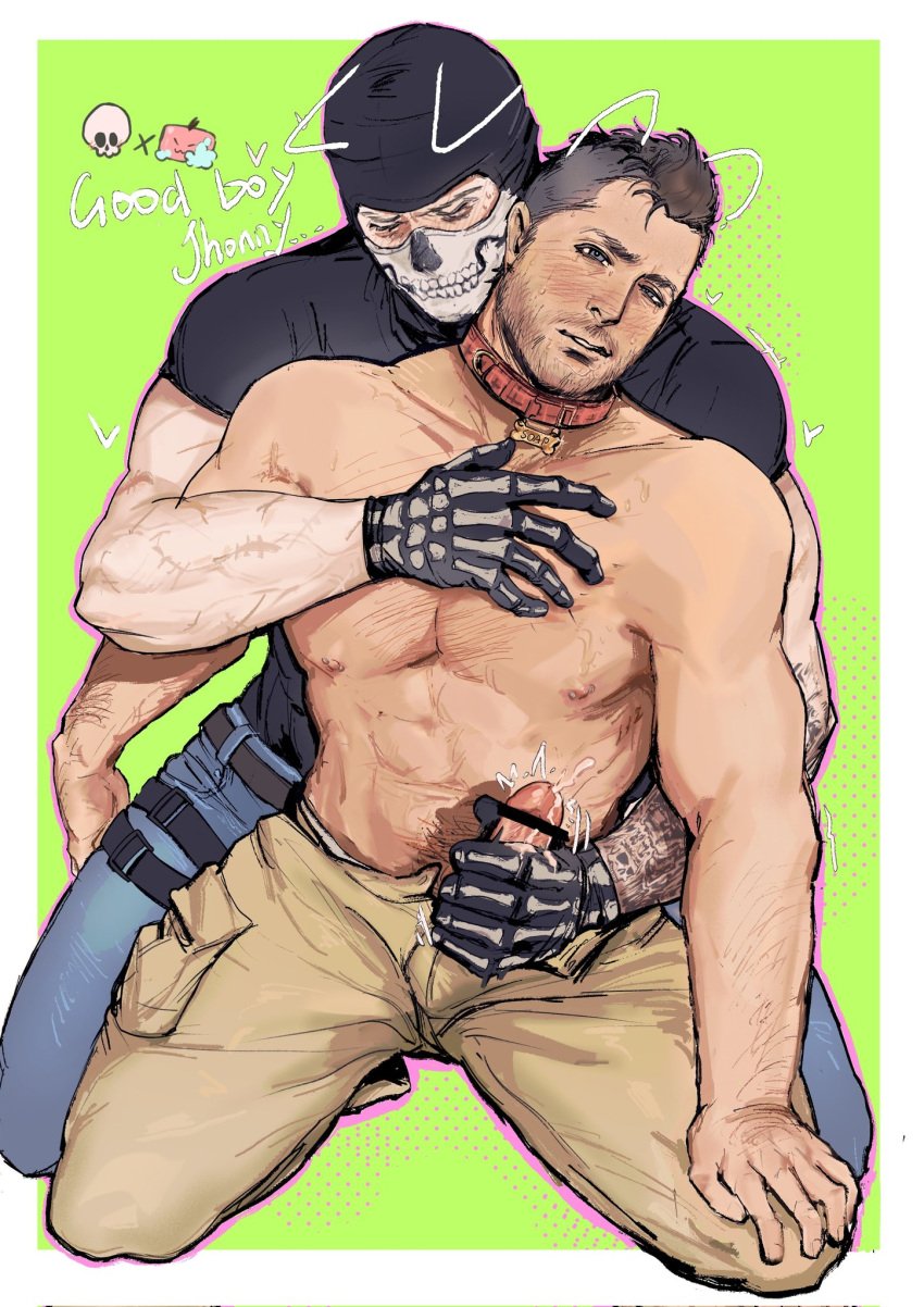 2boys abs afra816 arm_behind_another's_back arm_on_knee arm_tattoo bar_censor bara bare_shoulders beard belt black_belt black_gloves black_shirt blue_eyes blue_pants blush border brown_hair brown_pants call_of_duty call_of_duty_modern_warfare_2_(2022) censored character_name closed_eyes collar commentary cum denim drawn_ears english_text facial_hair gay ghost_(modern_warfare_2) gloved_handjob gloves hand_on_another's_chest handjob hashtag-only_commentary heart highres jeans john_mactavish kneeling looking_ahead male_focus mask mohawk multiple_belts multiple_boys multiple_scars name_tag nipples pants parted_lips pectorals penis reach-around red_collar scar scar_on_arm shirt simon_riley skeleton_print skull_mask soap_(modern_warfare_2) sweat sweatdrop t-shirt tattoo thigh_belt thigh_strap topless_male veins veiny_arms white_border yaoi