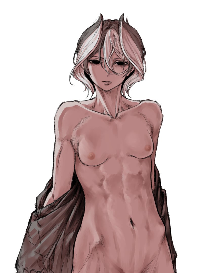 abs bags_under_eyes black_and_white_hair black_eyes black_hair expressionless female female_only hair_between_eyes hip_bones looking_at_viewer made_in_abyss mostly_nude off_shoulder open_clothes ozen partially_clothed short_hair small_breasts solo toned toned_female two_tone_hair undressing white_hair