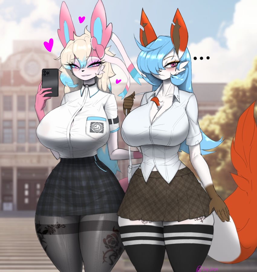 2020s 2024 2d 2girls 5_fingers alternate_color alternate_species anthro anthro_only big_breasts big_thighs blonde_hair breasts choker duo eeveelution female female_focus female_only fluffy_tail furry furry_female furry_only gardevoir generation_3_pokemon generation_4_pokemon generation_6_pokemon gyaru handbag heart hearts_around_head hi_res highres holding_phone hourglass_figure hybrid hybrid_pokemon large_breasts large_thighs leafeon manedkitsune nintendo phone pokemon pokemon_(species) purse schoolgirl schoolgirl_uniform shiny_pokemon short_skirt size_difference skirt slim_waist slut_tattoo sylveon tail tattoo tattoos thick_tail thick_thighs thighhighs thighs white_clothing