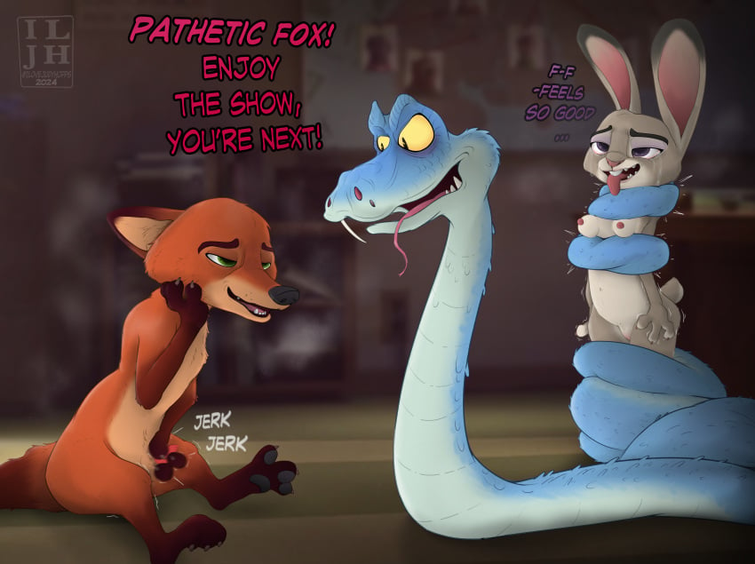 absurd_res anaconda anthro asphyxiation being_watched boa_(snake) boinae breast_squish breasts breath canid canine choking coiled_tail coiling constricted_breathing constricting cuckold disney evil_grin feet female fox gary_(zootopia) genitals green_eyes group hand_on_head hi_res ilovejudyhopps judy_hopps lagomorph leporid looking_at_another male male/female male/male mammal masturbation motion_blur motion_lines nick_wilde nude open_mouth panting purple_eyes pussy rabbit reptile scalie sitting smile snake snuff squish tail text tongue tongue_out trance trio voyeur zootopia zootopia_2