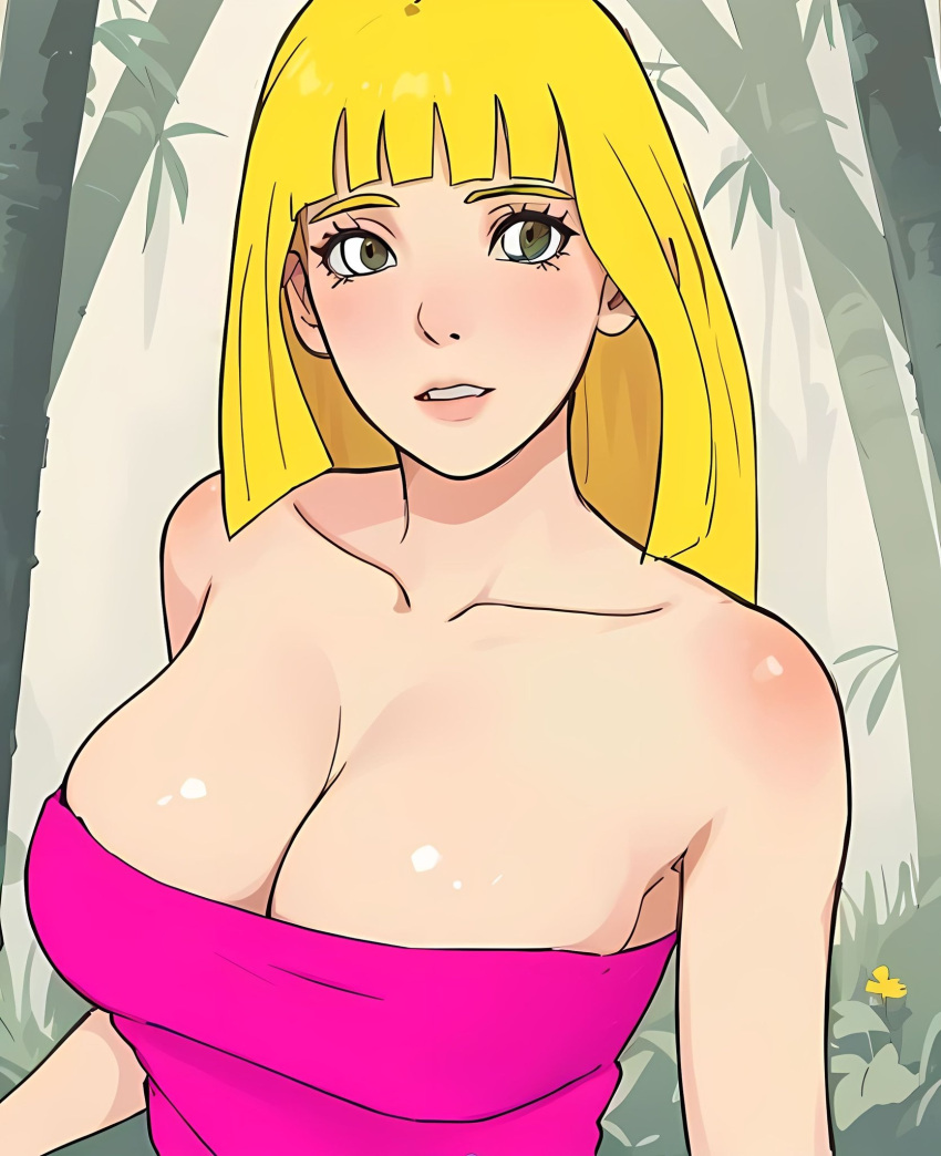 1female 1girl bangs big_breasts blonde blonde_eyebrows blonde_female blonde_hair blonde_hair_female blush breasts flower grass light_skin light_skinned_female long_hair looking_at_viewer makeup nswoaf outdoors outside red_clothes red_clothing red_shirt solo_female solo_focus tagme tree trees