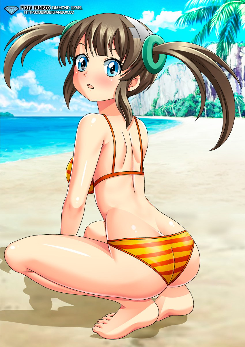 1girls ass barefoot bbmbbf beach bikini blush bra diamond_level female female_only looking_at_viewer marvelous minori_(senran_kagura) open_mouth palcomix pietros_secret_club senran_kagura senran_kagura_estival_versus senran_kagura_shinovi_versus solo swimsuit tongue