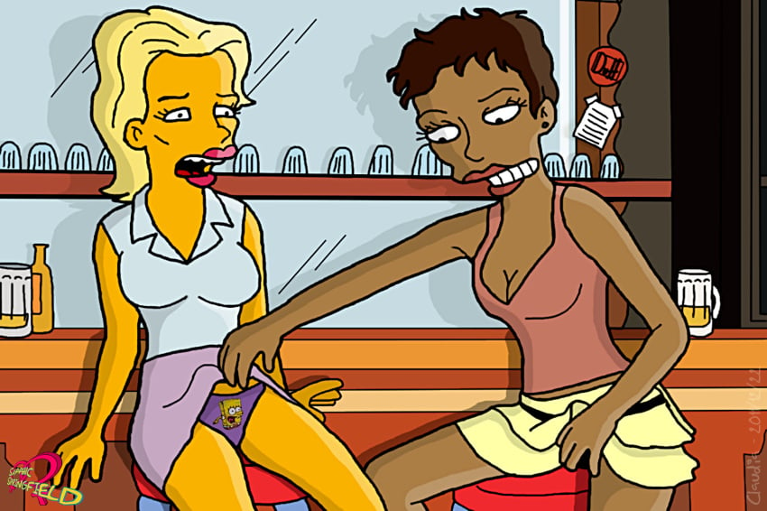 celebrity claudia-r clothes color dark-skinned_female dark_skin female female_only halle_berry human indoors interracial kim_basinger moe's_tavern multiple_females multiple_girls sitting tagme the_simpsons yuri