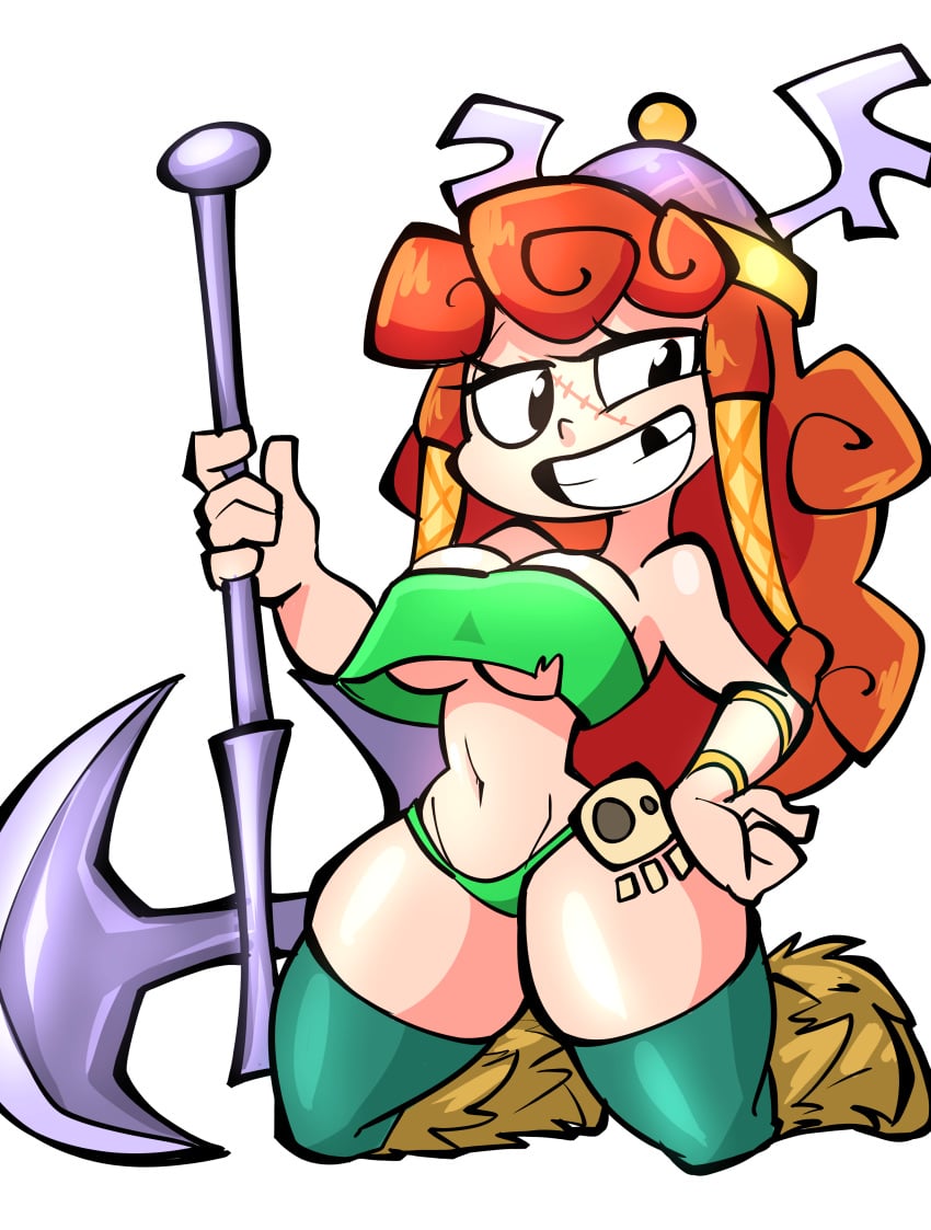 1girls 2d 2d_(artwork) axe barbara_(rayman) belly_button big_breasts breasts curly_hair eyelashes ginger ginger_hair helmet huge_weapon jek_korpen long_hair looking_at_viewer midriff missing_tooth navel rayman_(series) rayman_legends scar simple_background smile smiling_at_viewer thick_thighs thighhighs thighs underboob white_background wristband