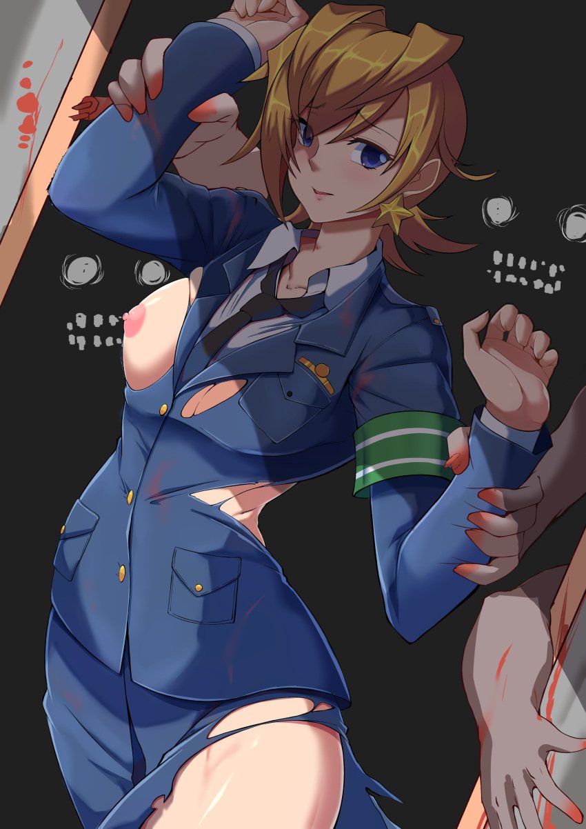 armband asami_nakaoka bare_breasts blonde_hair blood highschool_of_the_dead police police_uniform policewoman small_breasts torahime torn_clothes torn_skirt zombies