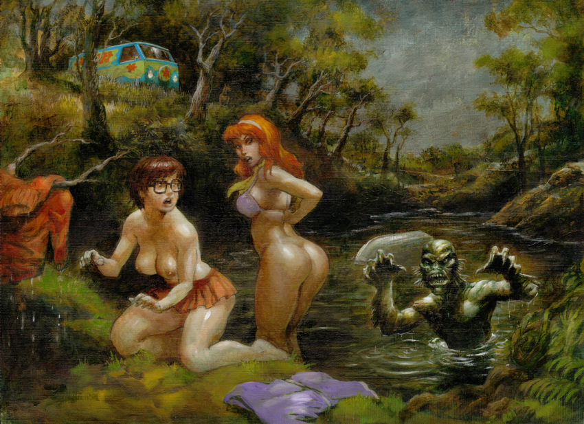 1boy 2girls anthro ass bra brian_leblanc clothing crossover daphne_blake dat_ass female female_on_anthro fishman gill-man ginger ginger_hair glasses half-dressed half_dressed half_naked half_nude hanna-barbera human lake male monster multiple_females nipples nude nude_female orange_hair scared scarf scooby-doo skirt skirt_removed velma_dinkley water wet_clothes