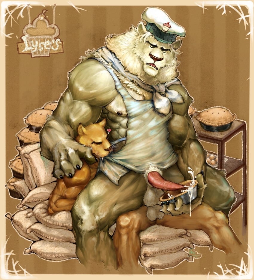 2boys abs anal anal_sex anthro apron balls barbs biceps black_nipples closed_eyes cook cooking cum feline feline_penis fur furry furry_only gay happy heart lion male male_only mane muscles nipples no_humans orange_fur pecs penetration penis pie pockyrumz sabertooth sheath teeth white_fur yaoi