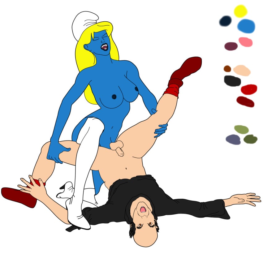 1boy 1futa blue_penis blue_skin futa_is_bigger futa_on_male futanari gargamel gingerm intersex male penis_size_difference small_penis smurfette the_smurfs thighhighs what