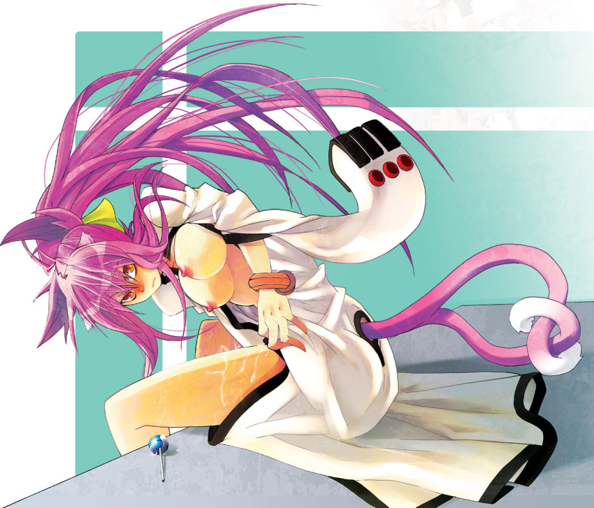 bangs blazblue bracelet breasts candy cat_tail cum cum_on_body cum_on_legs cum_on_lower_body cum_on_thighs erect_nipples female jewelry kokonoe labcoat lollipop long_hair looking_back multi_tail nipples noran orange_eyes pink_hair ponytail ribbon sitting slit_pupils solo table tail tied_hair yellow_ribbon