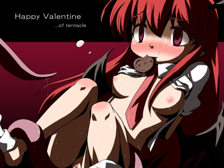 arms_behind_back bat_wings blush breasts chocolate clothes color female female_only futatsuki_hisame head_wings headwings koakuma long_hair mouth_hold necktie nipples nude open_clothes red_eyes red_hair solo soutsuki_hisame succubus sweat tentacle the_embodiment_of_scarlet_devil touhou valentine wings