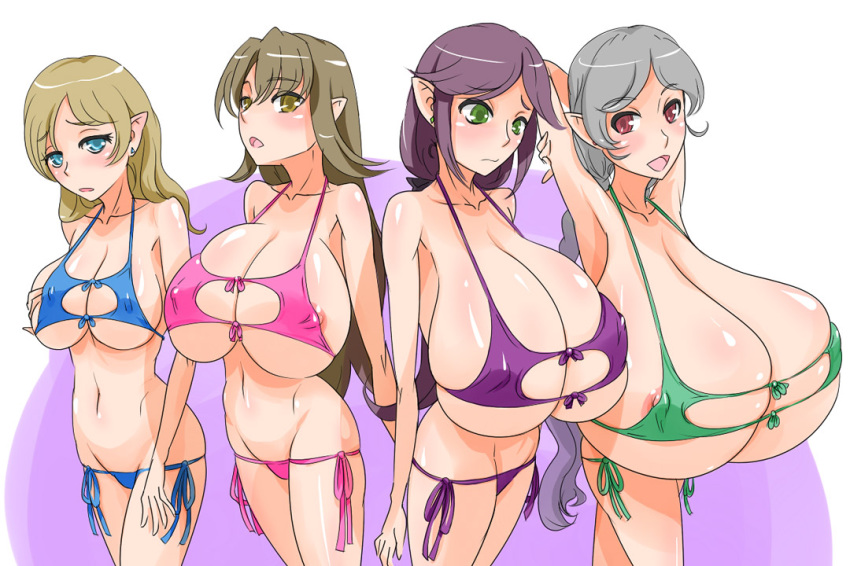 2girls areola_slip areolae armpits bb bikini blush breast_envy breasts cleavage erect_nipples female female_only gigantic_breasts huge_breasts hyper hyper_breasts jt_dong-agyoku large_breasts lineup nipples pointy_ears smile swimsuit