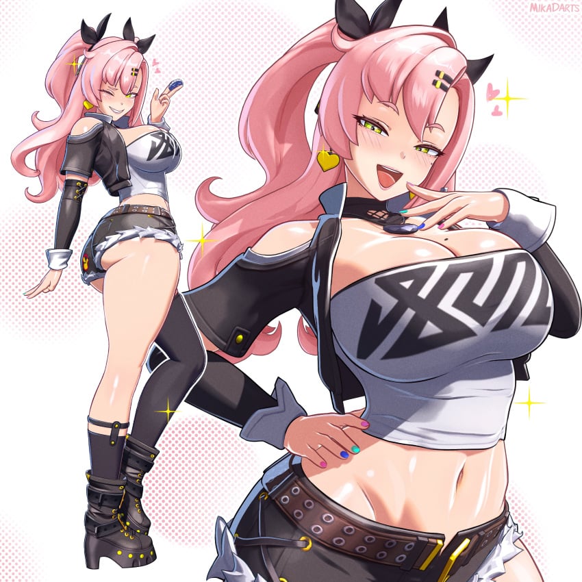 1girls 3d 3d_(artwork) absurd_res absurdres ass belt belt_buckle big_breasts black_shorts bottomwear breasts crop_top ear_piercing earrings female female_only hair hair_ornament hair_ribbon hairclip hand_on_hip heart heart_earrings high_resolution highres hips huge_breasts light-skinned_female long_hair mikadawn mole mole_on_breast mole_under_eye multicolored_nail_polish multicolored_nails nail_polish nails necklace neckwear nicole_demara pink_hair pose posing ribbon short_shorts shorts solo solo_female sparkles topwear twintails zenless_zone_zero