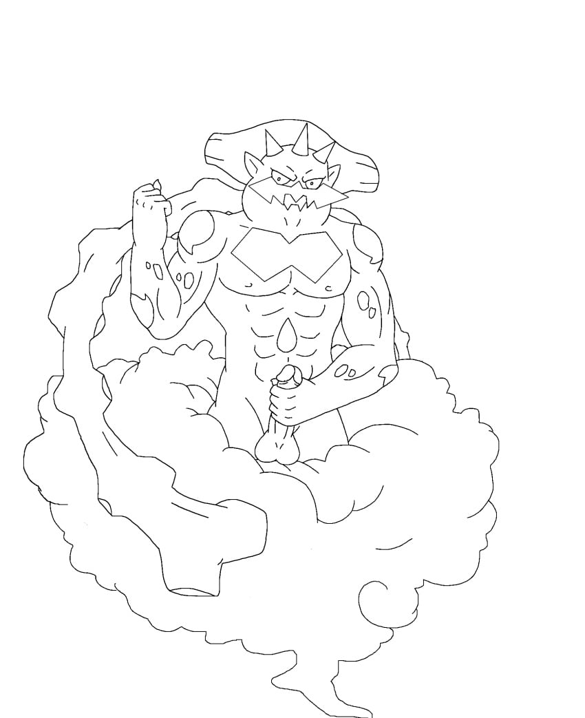 buff cum landorus line_art looking_at_viewer male male_only masturbation monochrome penis pokemon solo testicles