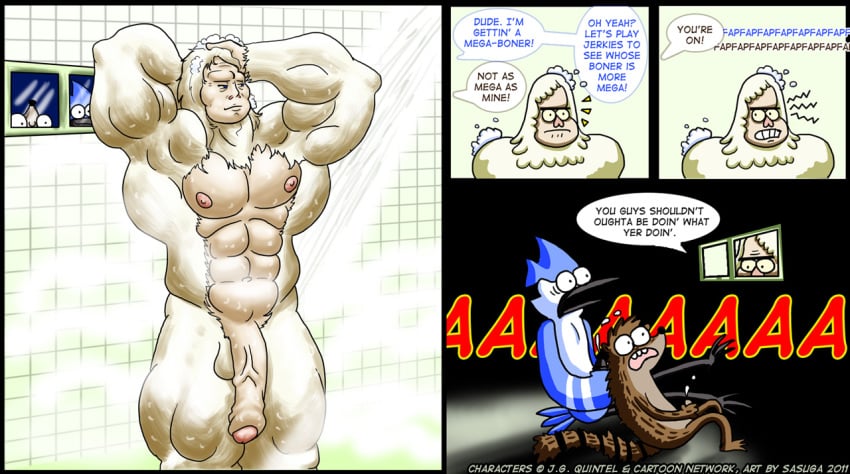 3boys abs anthro artist_name blue_jay brown_fur cumshot erect_nipples erection gay handjob hands_behind_head long_penis male mordecai mouth_open multiple_males partially_retracted_foreskin pecs raccoon regular_show rigby sasuga showering skips soap_suds steam thick_thighs uncut veiny_penis voyeurism watching white_hair window yaoi