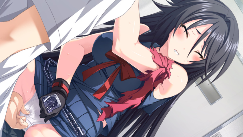 bare_shoulders black_hair blush breasts clenched_teeth closed_eyes female fingering game_cg gloves highres large_breasts long_hair mikoshi_matsuri panties skirt sweat tsujidou-san_no_virgin_road underwear white_panties