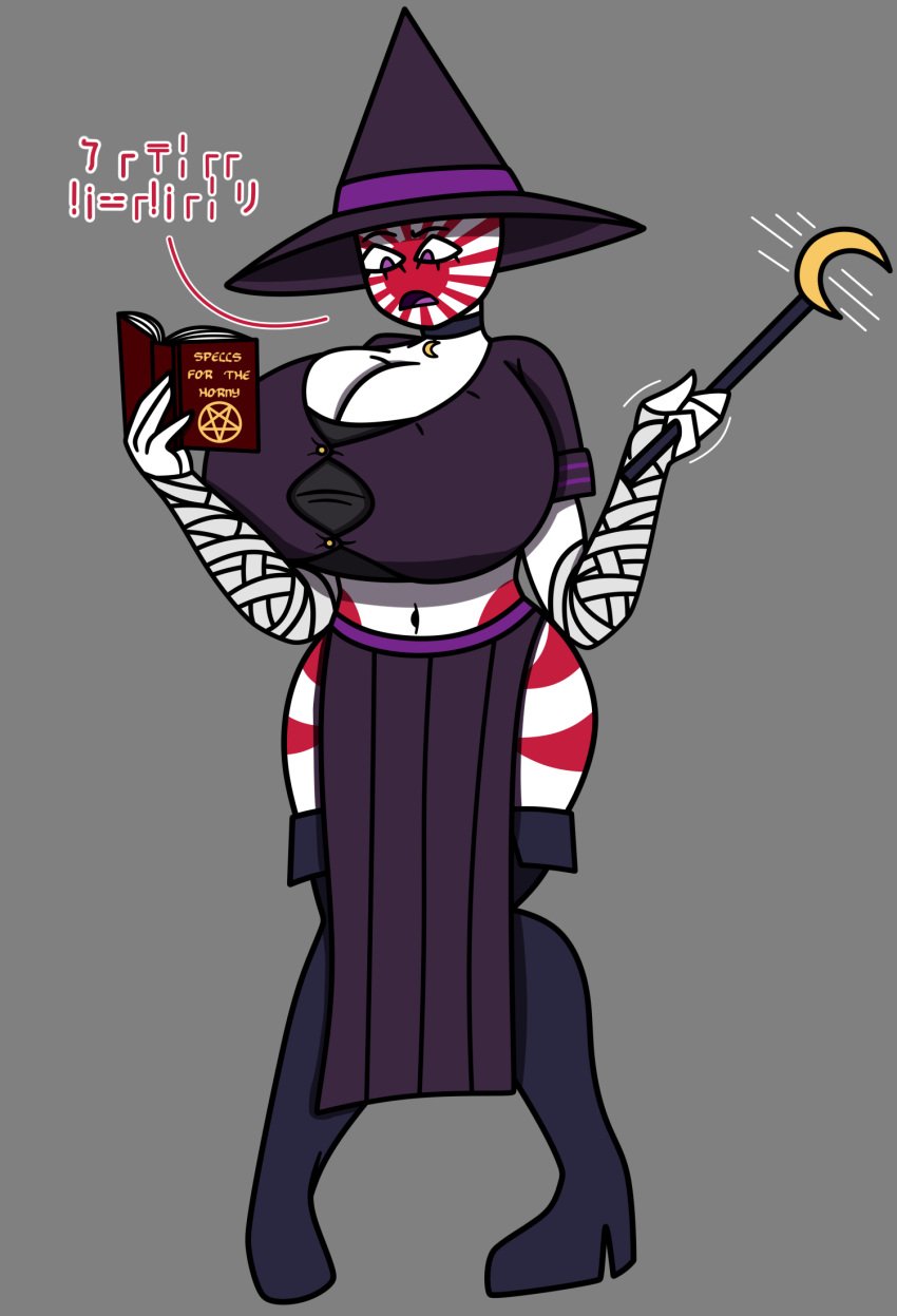 ancient_texts big_breasts book clothing countryhumans countryhumans_girl ech0chamber expansion female female_only gray_background japanese_empire_(countryhumans) spellbook witch_clothes witch_hat