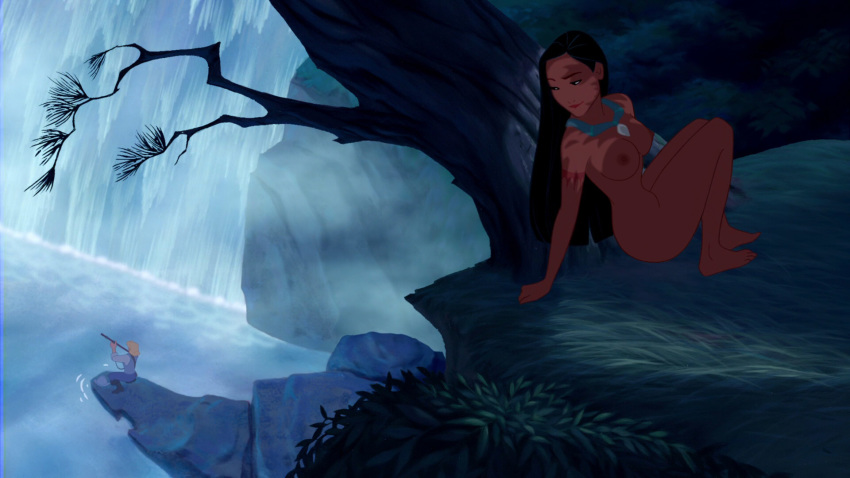 1girls black_hair breasts bushes clothed dark-skinned_female dark_skin disney disney_princess edit female gun hidden hiding human john_smith lipstick long_hair male medium_breasts native_american necklace nipples nude pocahontas pocahontas_(character) river rock screenshot screenshot_edit shadow smile spying tattoo tree watch watching water waterfall