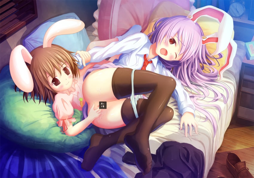 2girls ass brow_hair bunny_ears bunny_girl carrot female_only fingering lavender_hair long_hair multiple_girls necktie on_bed panties panties_down red_eyes reisen_udongein_inaba short_hair skirt tewi_inaba thighhighs touhou white_panties wince yuri