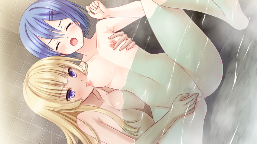 2girls areolae blonde_hair blue_hair blush breast_sucking breasts censored closed_eyes female fingering game_cg highres large_breasts legs long_hair multiple_girls navel nipples nude ojou-sama_wa_katai_no_ga_osuki!_shinsei_naru_joshiryou_nikki open_mouth partially_submerged pazma pubic_hair purple_eyes pussy saliva satofuji_masato short_hair sitting spread_legs thighs water yuri