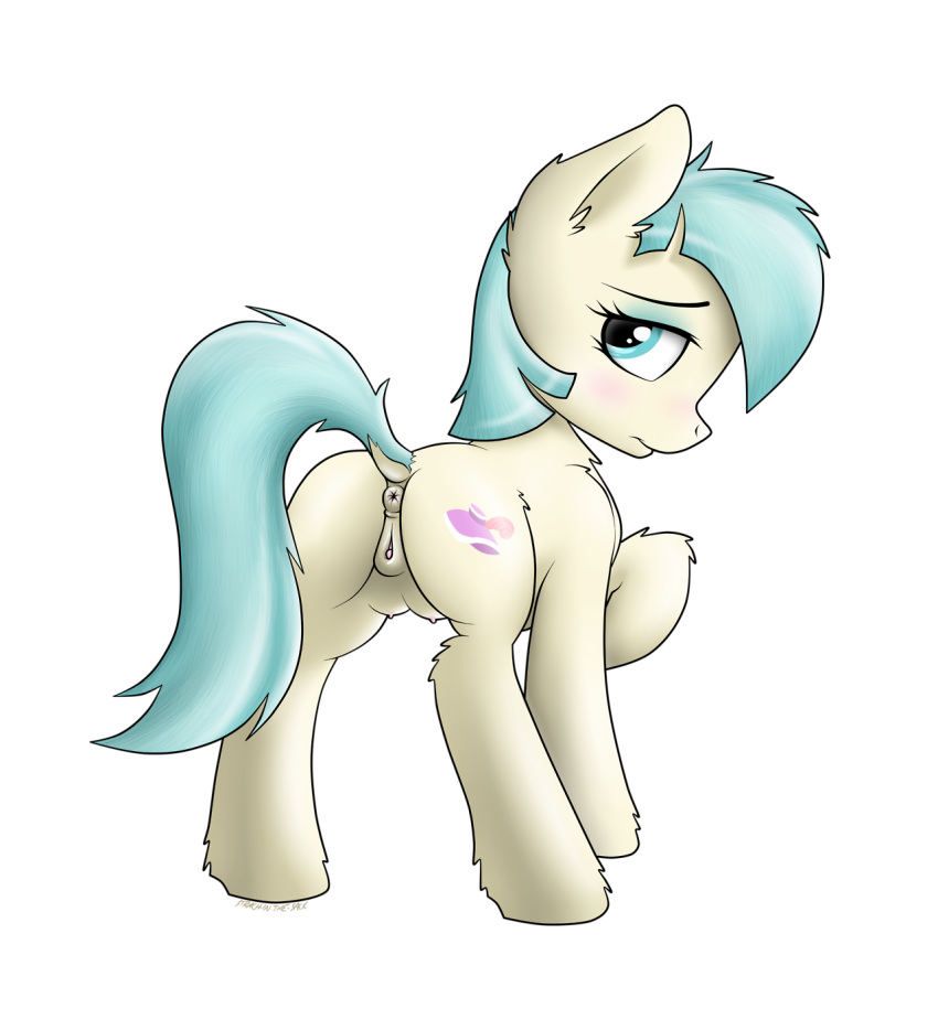 2014 anus ass blue_eyes blue_hair clitoris coco_pommel crotchboobs cutie_mark earth_pony equine female female_only feral friendship_is_magic fur hair horse looking_at_viewer looking_back mammal my_little_pony nude pony presenting pussy solo standing strachinthesack