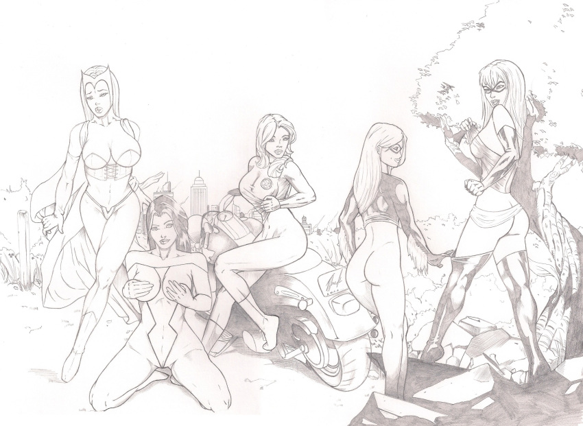 ass avengers black_and_white black_cat_(marvel) carol_danvers felicia_hardy female female_only human jean_grey jessica_drew marvel marvel_comics motorcycle ms._marvel ms._marvel_(carol_danvers) mutant_(marvel) scarlet_witch spider-man_(series) spider-woman tom_wlod tree wanda_maximoff x-men