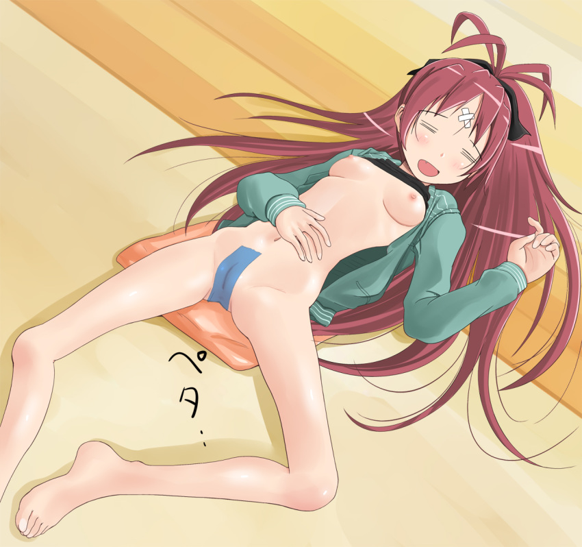 1girls bandaid bare_legs barefoot blush bow breasts closed_eyes feet female hairbow highres hoodie knocked_out long_hair lying maebari mahou_shoujo_madoka_magica navel nipples no_bra nude on_back pussy pussy_tape red_hair sakura_kyouko shorts shuuji_(shumi) solo tape uncensored unconscious