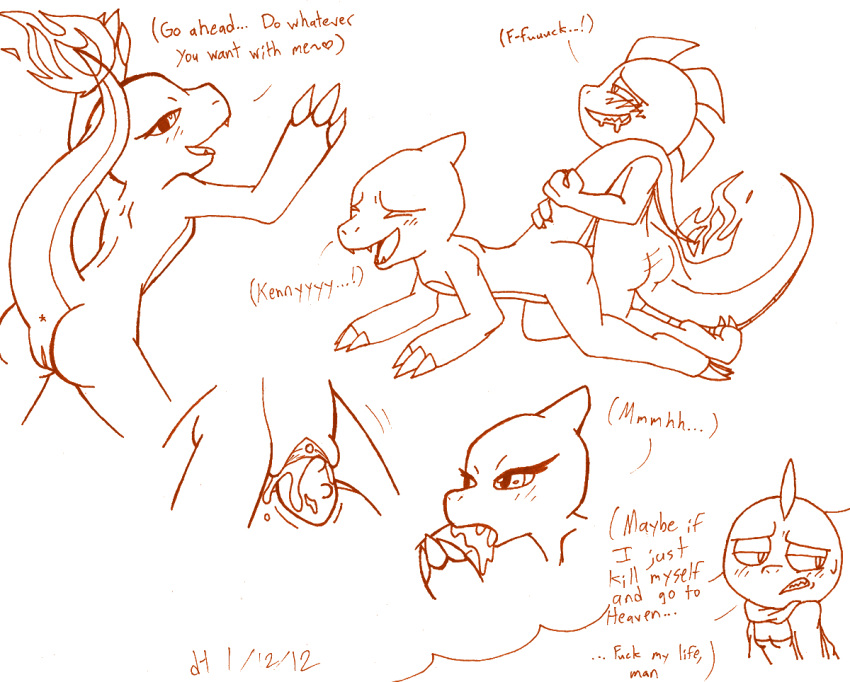 2012 anthro charmeleon doggy_style fellatio female fire foxred64 interspecies male nintendo oral pokemon scrafty sex straight tail tail_fire vaginal_penetration