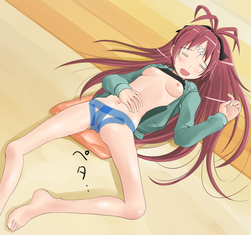 1girls bandaid bare_legs barefoot blush bow breasts closed_eyes feet female hairbow highres hoodie knocked_out long_hair lying mahou_shoujo_madoka_magica navel nipples no_bra nude on_back pussy pussy_tape red_hair sakura_kyouko shorts shuuji_(shumi) solo tape uncensored unconscious