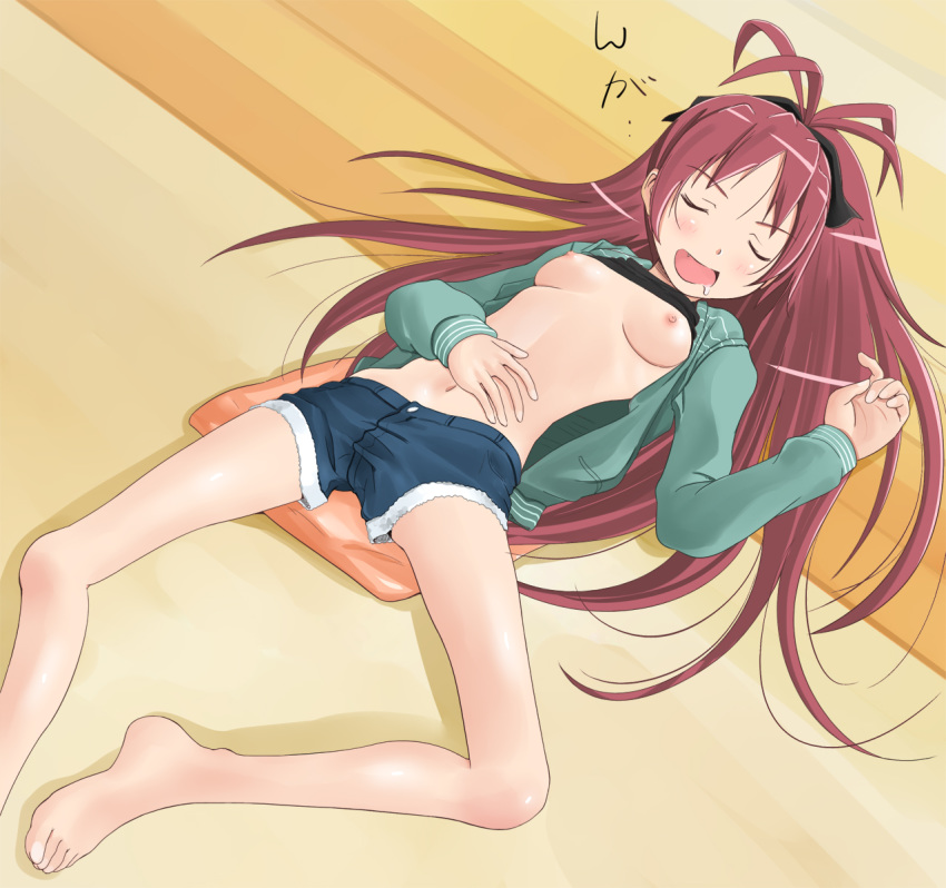 1girls bare_legs barefoot blush bow breasts closed_eyes cute_fang drooling feet female hairbow highres hoodie long_hair lying mahou_shoujo_madoka_magica midriff navel nipples no_bra on_back open_mouth red_hair sakura_kyouko saliva short_shorts shorts shuuji_(shumi) sleeping smile solo