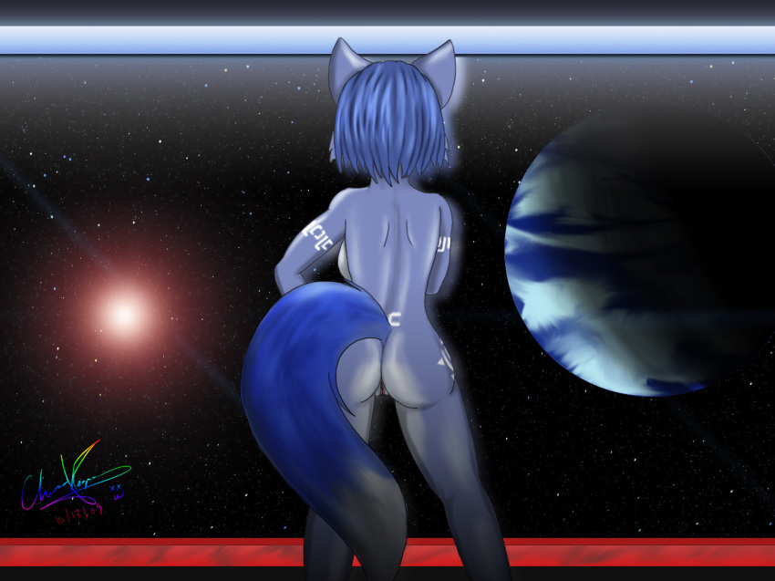 4:3 anthro ass back_view blue_fur blue_hair chronoreaper color female female_only fox fur furry furry_ass furry_ears furry_tail hair krystal nude pointy_ears short_hair solo space standing star_fox tagme tail vulva white_fur