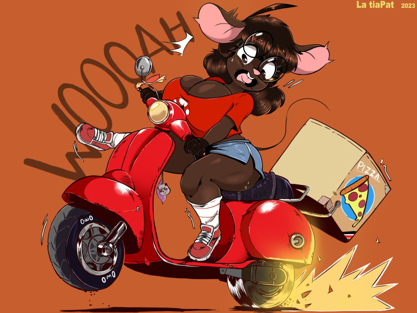 big_areola big_ass big_breasts big_legs blush brown_eyes brown_hair brown_skin delivery_girl fanart female female_focus female_only furry_female furry_only gwen_martin joaoppereiraus la_tiapat motor_vehicle motorcycle mouse mouse_ears mouse_tail pizza pizza_box pizza_girl red_background thick_thighs