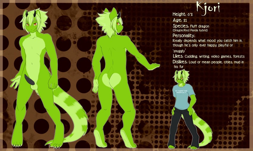 1boy balls claws clothed clothing dragon green horn hybrid kjori male male_only model_sheet penis red_panda solo spazzykoneko