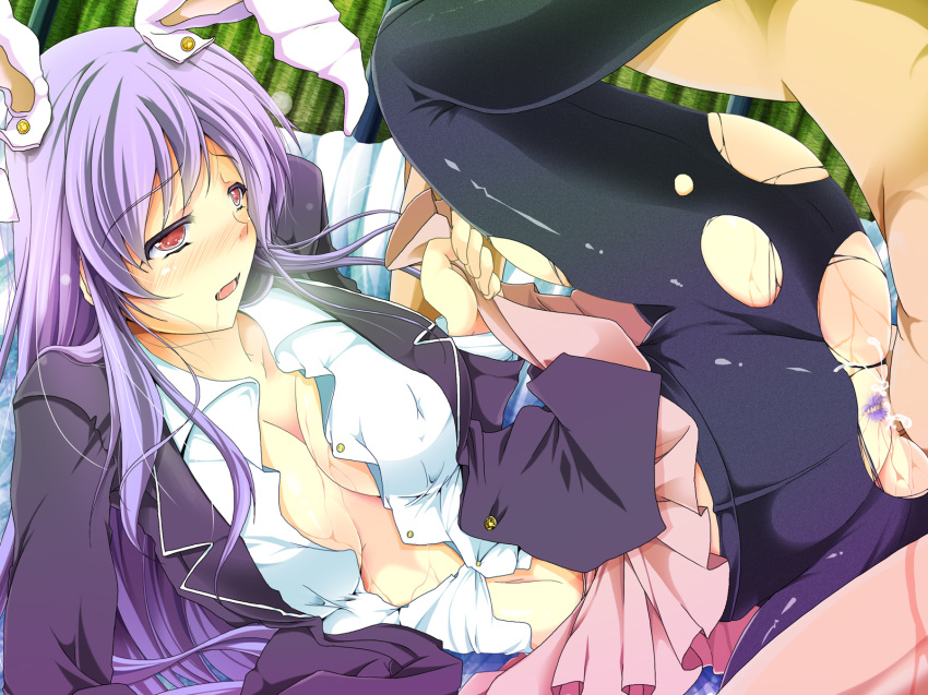 big_breasts breasts bunny_ear bunnygirl censored cum cum_inside ejaculation female fur highres large_breasts leg_lift male miniskirt navel no_bra no_panties open_clothes open_mouth open_shirt pantyhose penetration penis pubic_hair purple_hair pussy red_eyes reiha_(penetrate) reisen_udongein_inaba saliva sex shirt skirt skirt_lift straight torn_clothes torn_pantyhose touhou uncensored vaginal_penetration