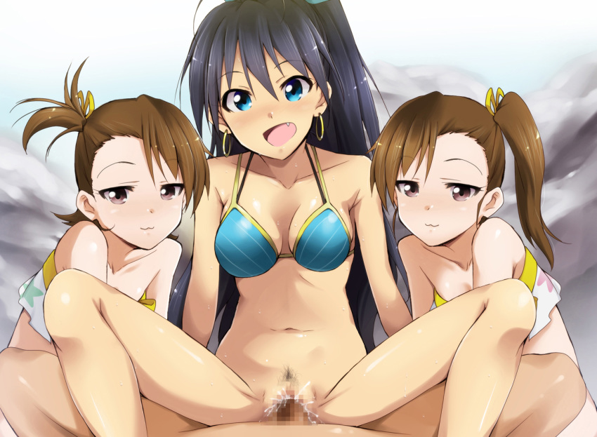 3girls :3 bare_shoulders bikini_top blue_eyes blue_hair bottomless breasts brown_hair censored cum cum_in_pussy cute_fang earrings ejaculation female futami_ami futami_mami ganaha_hibiki happy happy_sex human idolmaster jewelry kaiga legs long_hair looking_at_viewer male medium_breasts multiple_girls navel open_mouth penis ponytail pov pubic_hair pussy sex side_ponytail sitting sitting_on_person smile spread_legs straight sweat swimsuit thighs tied_hair vaginal_penetration