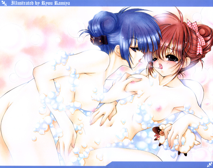 ass bathing blue_hair blush breast_grab breasts brown_hair copyright_request female fingering foam hair_ornament highres kissing lying multiple_girls navel nipples nude on_back ramiya_ryou saliva saliva_swap tongue yuri