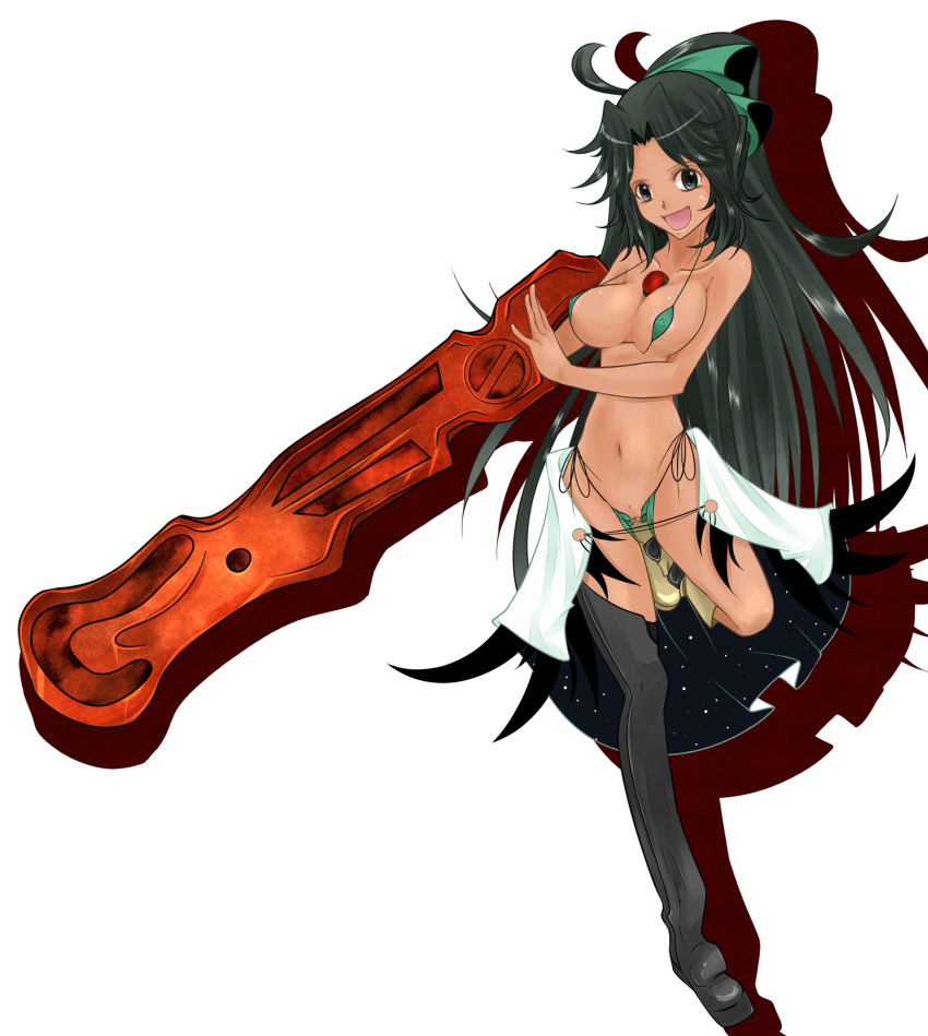 1girls 3_eyes adapted_costume alternate_weapon aoshima arm_cannon bare_shoulders bikini black_hair bow breasts cleavage female grey_eyes hairbow high_ponytail high_resolution large_breasts long_hair low_wings micro_bikini midriff multi_eye navel open_mouth pussy side-tie_bikini sideboob simple_background single_thighhigh skirt slender solo string_bikini swimsuit tan thighhighs touhou utsuho_reiuji weapon wings