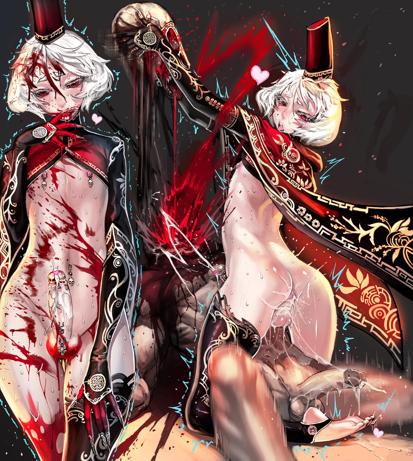 3boys after_sex amputation anal androgynous anus ass beige_skin bleeding blood blood_splatter blood_spray blood_stain clothes color cum cum_in_ass death decapitation elbow_gloves eyebrows feet finger_in_mouth fingernails gloves gore guro hair hat highres injury jeffr large_penis long_fingernails male male_death male_only multiple_males murder nail_polish navel_piercing nipple_piercing nipple_rings nude original penis penis_piercing piercing red_blood red_eyes severed_head short_hair sweat testicles thighhighs trap white_hair wound yaoi