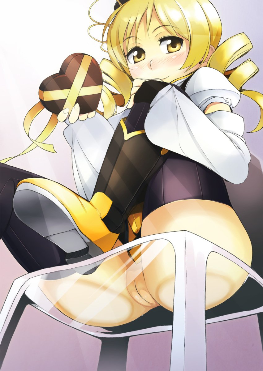 ass black_legwear blonde_hair blush boots drill_hair female female_only fingerless_gloves gloves hair_ornament heart highres human magical_girl mahou_shoujo_madoka_magica no_panties pussy sitting smile solo thighhighs tomoe_mami topo_bevitore twin_drills uncensored yellow_eyes