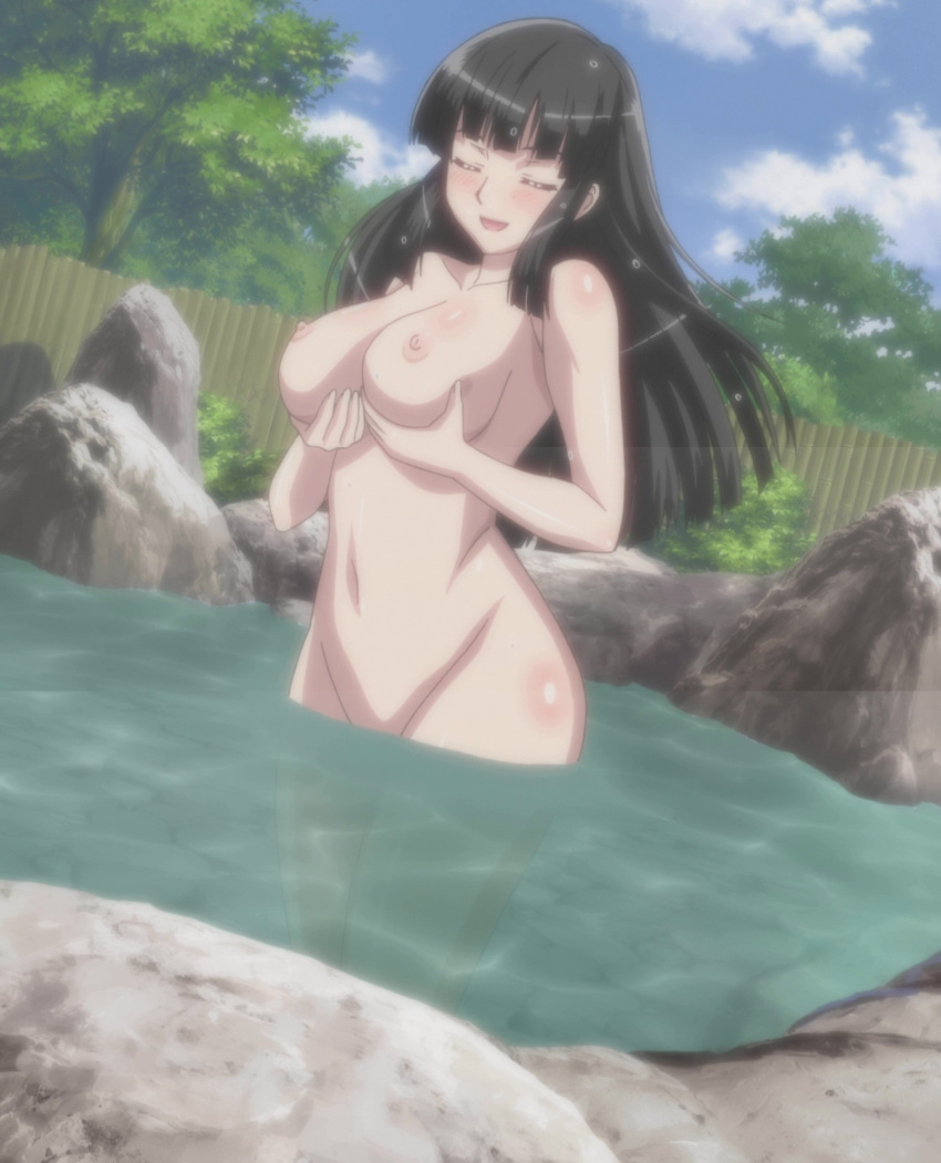 bathing black_hair blush breast_grab breast_hold breasts closed_eyes female highres hoods_entertainment long_hair manyuu_hikenchou nipples nude pointy_chin sayama_ouka screencap smile solo standing water