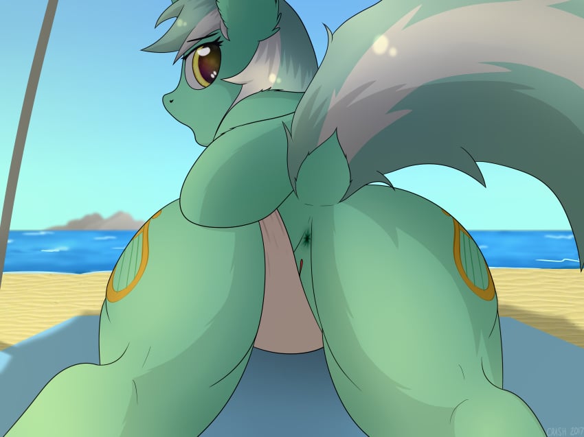 2017 absurd_res anus ass ass_up beach clothed clothed_feral clothing crashgall cutie_mark equine female feral friendship_is_magic fur green_fur green_hair green_skin green_tail hair hi_res hooves horn inviting looking_at_viewer looking_back lyra_heartstrings_(mlp) magic mammal multicolored_hair multicolored_tail my_little_pony open_mouth presenting presenting_anus presenting_hindquarters pussy quadruped raised_tail seaside shadow solo two_tone_hair two_tone_tail unicorn white_clothing white_hair white_shirt white_tail yellow_eyes