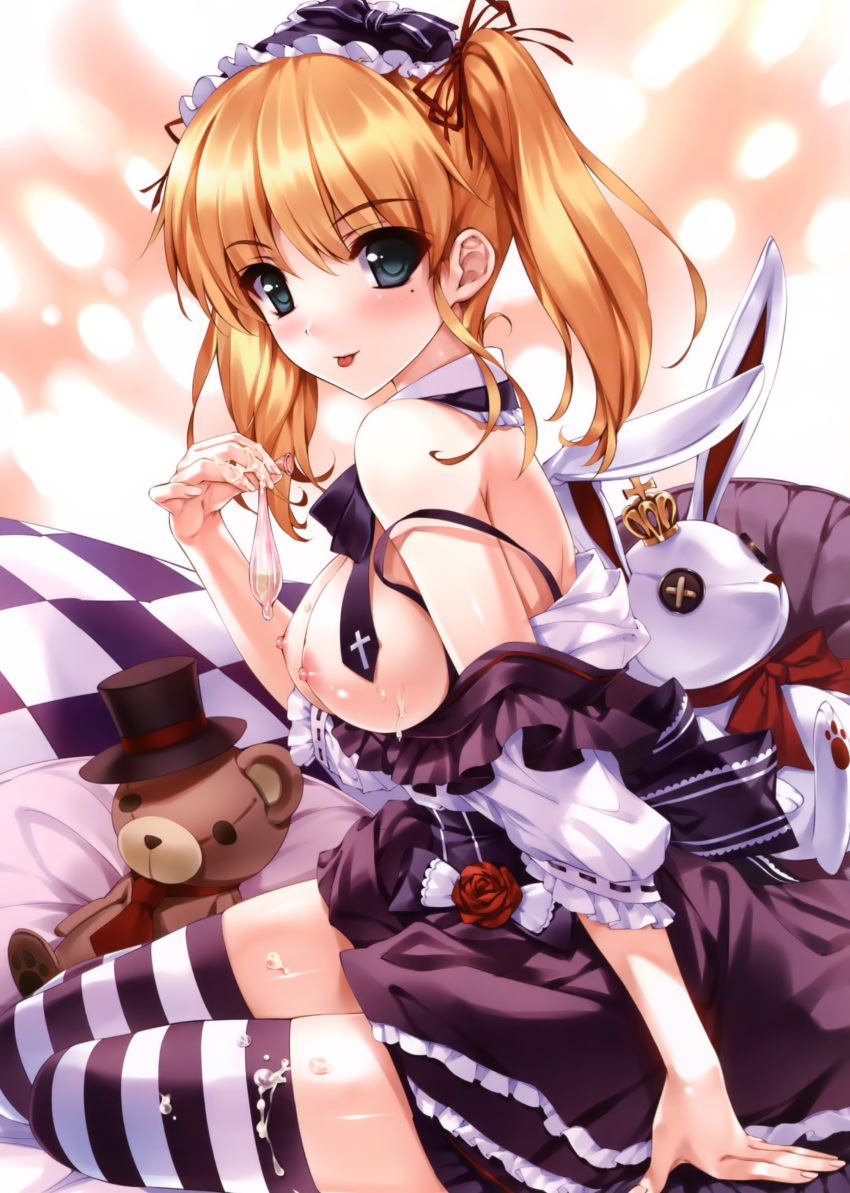 1girls arm_support blonde_hair blue_eyes breasts condom cum cum_on_body cum_on_breasts cum_on_lower_body cum_on_upper_body detached_collar female fingernails gothic_lolita high_resolution lolita_fashion lolita_hairband lolita_headband looking_at_viewer misaki_kurehito mole nipples original sitting solo strap_slip striped striped_legwear stuffed_animal stuffed_bunny stuffed_toy teddy_bear thighhighs tied_hair tongue top_pull twintails used_condom yokozuwari