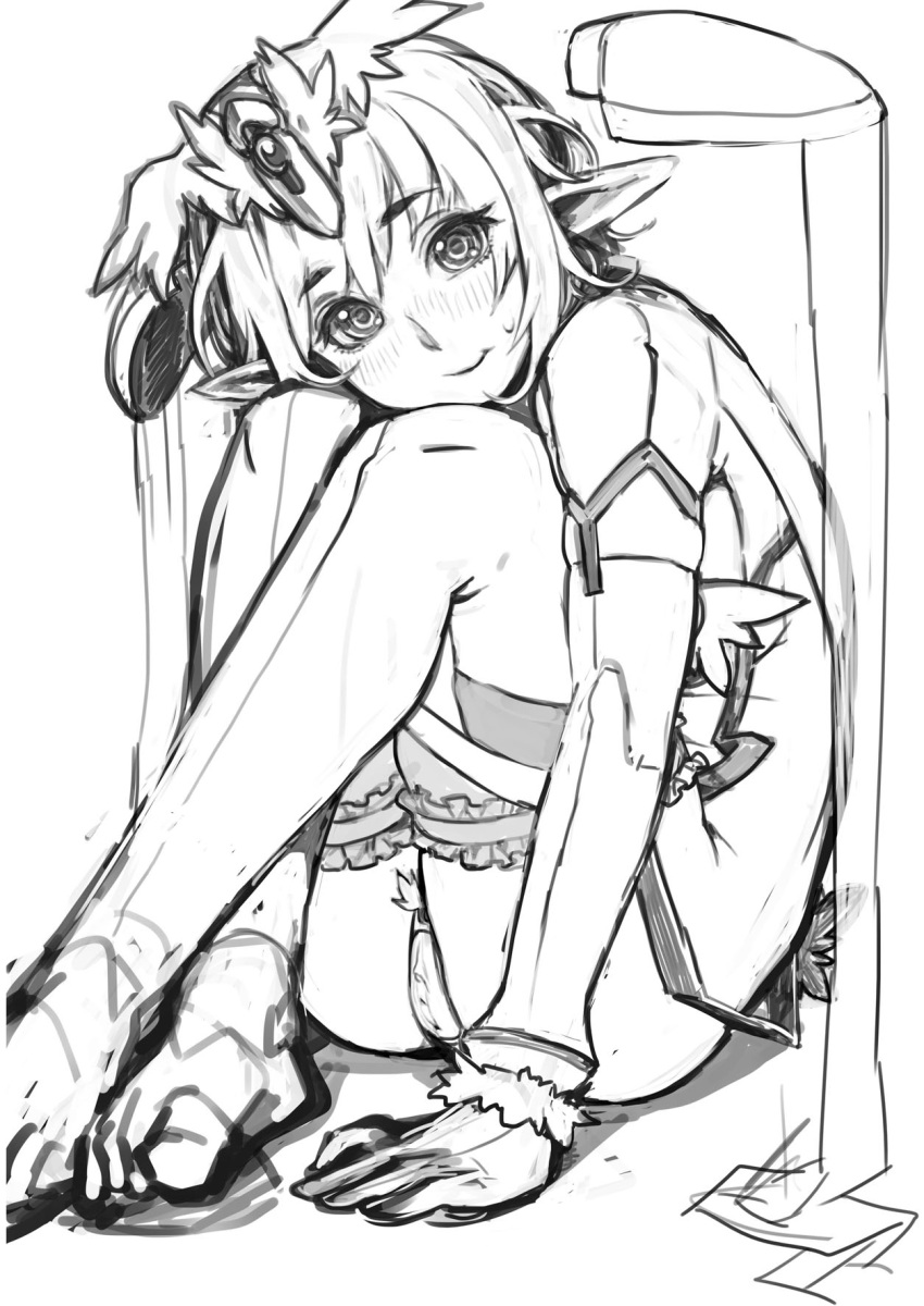 barefoot blush destiny_(ishida) detached_sleeves elf headdress highres knees_touching mama_(artist) monochrome original pointy_ears pussy sitting sketch smile solo sweatdrop toes