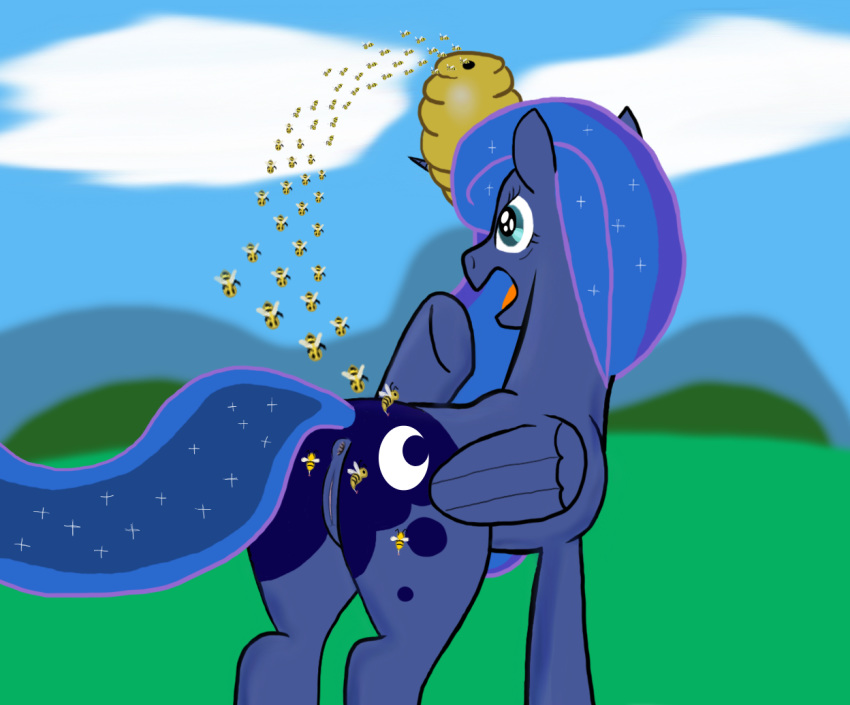 alicorn anus ass b.sting bee bee_sting beehive equine female friendship_is_magic hair my_little_pony pain princess_luna_(mlp) pussy raised_tail smooth_skin sting tail