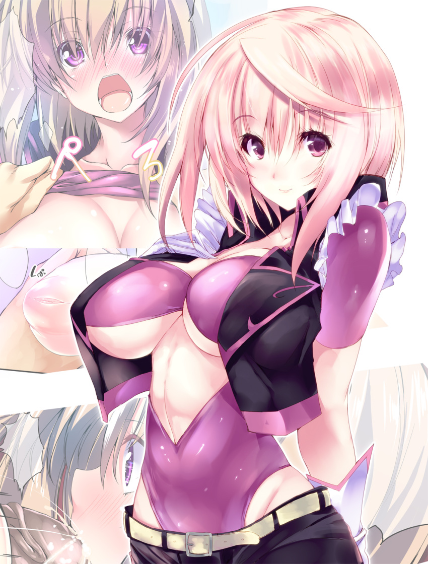 blush breasts cum cum_in_mouth fellatio highres inverted_nipples large_breasts leotard long_hair multiple_girls nipples noto_kurumi open_mouth oral original pink_eyes pink_hair short_hair slender smile