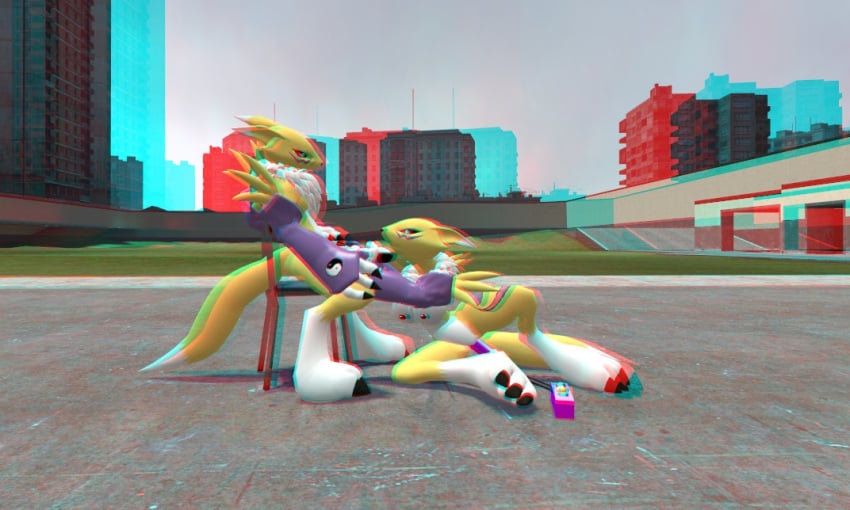 3d black blue blush breasts canine digimon female fox garry's_mod male needs_3d_glasses nipples penis renamon straight white_fur yellow