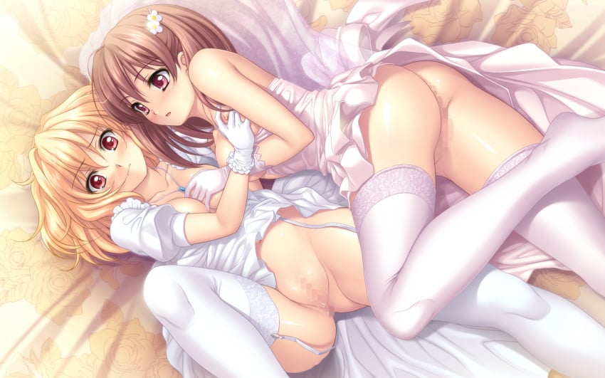 ass blonde_hair blush bottomless breast_grab breasts brown_hair censored dress dress_lift female flyable_heart game_cg garter_belt garter_straps hair_ornament highres inaba_yui jewelry lace lace-trimmed_thighhighs leg_up legs long_legs looking_at_viewer lying multiple_girls navel necklace nipples no_panties off_shoulder on_back pero prismatic_princess_union_stars pussy red_eyes short_hair spread_legs stockings sumeragi_amane thighhighs thighs wedding_dress white_legwear yuri