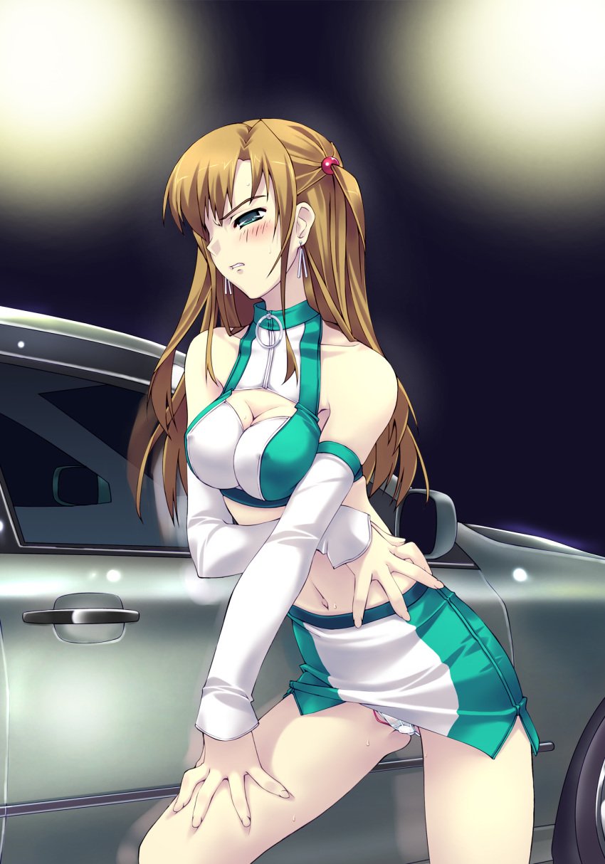 1girls brown_hair car cleavage_cutout detached_sleeves earrings elbow_gloves erect_nipples f-ism female female_focus female_human female_only gloves green_eyes hair_bobbles hair_ornament halter halterneck highres human human_female human_focus human_only jewelry leaning_forward long_hair midriff miniskirt motor_vehicle murakami_suigun navel original panties pantyshot pantyshot_(standing) race_queen skirt solo solo_female solo_focus standing underwear vehicle vibrator vibrator_under_panties white_panties