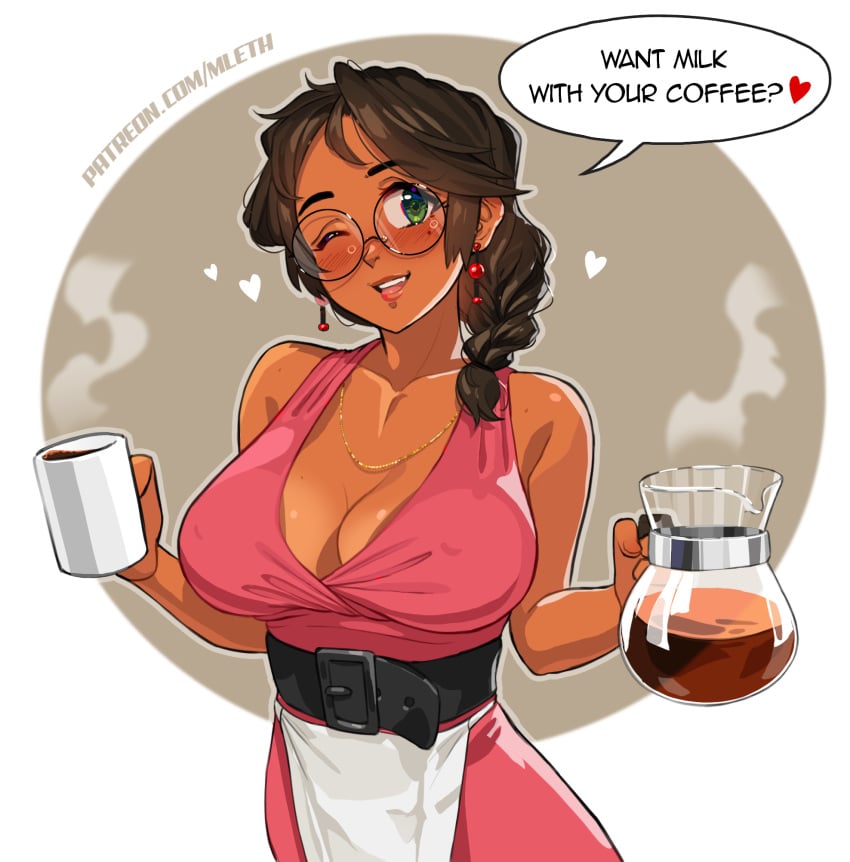 1girls apron belt big_breasts black_belt black_hair blush braided_ponytail breasts cleavage clothed coffee coffee_mug coffee_pot covered_nipples dark-skinned_female dark_skin employee_uniform english_text female glasses green_eyes iced_latte_with_breast_milk kim_(mathias_leth) large_breasts mathias_leth meme mole mole_under_eye necklace no_bra original pink_dress plunging_neckline round_glasses side_braid solo waist_apron waitress waitress_uniform wink winking_at_viewer