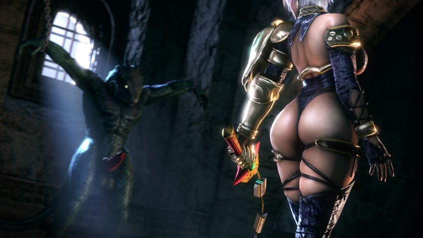 1boy 1girls 3d 5_fingers aeon_calcos animal_genitalia animal_penis anthro ass balls barbed_penis butt erection female female_domination female_human femdom human isabella_valentine lizard lizard_humanoid lizardman lizardman_(soul_calibur) looking_at_another male male_anthro noname55 penile_spines penis reptile reptile_humanoid reptile_penis restrained scales scalie scalie_humanoid soul_calibur spiked_penis t-pose tagme tapering_penis testicles video_games whip_sword white_hair