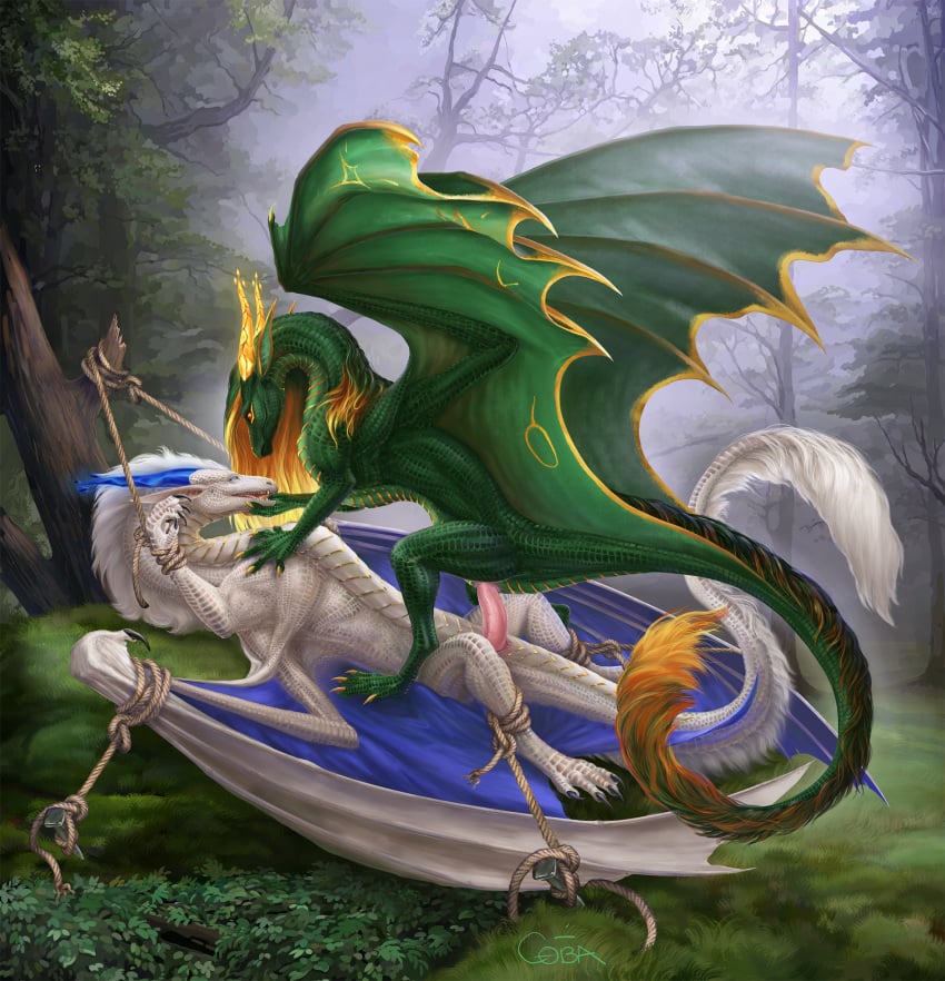 animal_genitalia blue_horn blue_membrane cloacal cloacal_penetration cloacal_penis cloacal_rectum dragon duo erection female feral fur genitals grass green_body green_membrane green_scales hi_res horn male male/female mane membrane_(anatomy) mythological_creature mythological_scalie mythology penetration penis pink_penis plant scales scalie ventral_scales white_body white_fur white_mane white_scales yellow_horn zikeny
